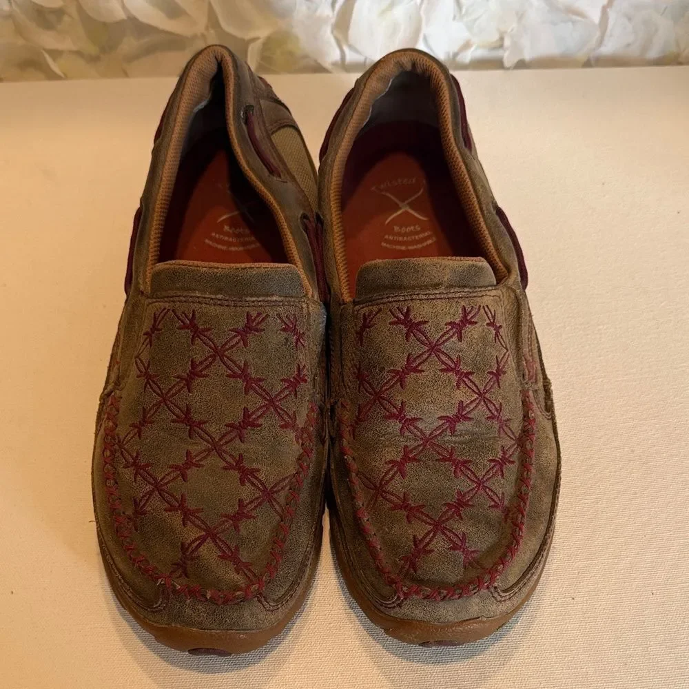 Twisted X Olive Suede Slip-On Loafers with Burgundy Stitching