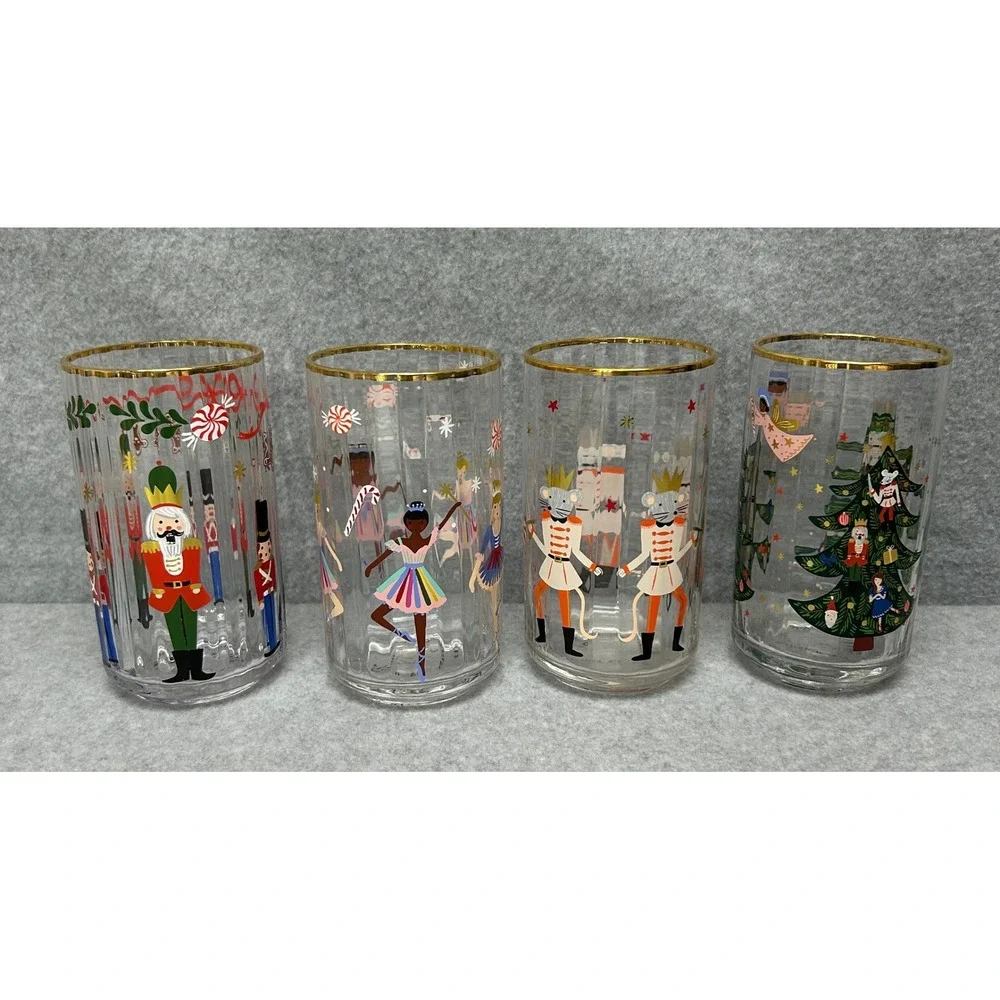 Rifle Paper Co for Anthropologie Nutcracker Juice Glass Set of 4 Gold Rim Fluted