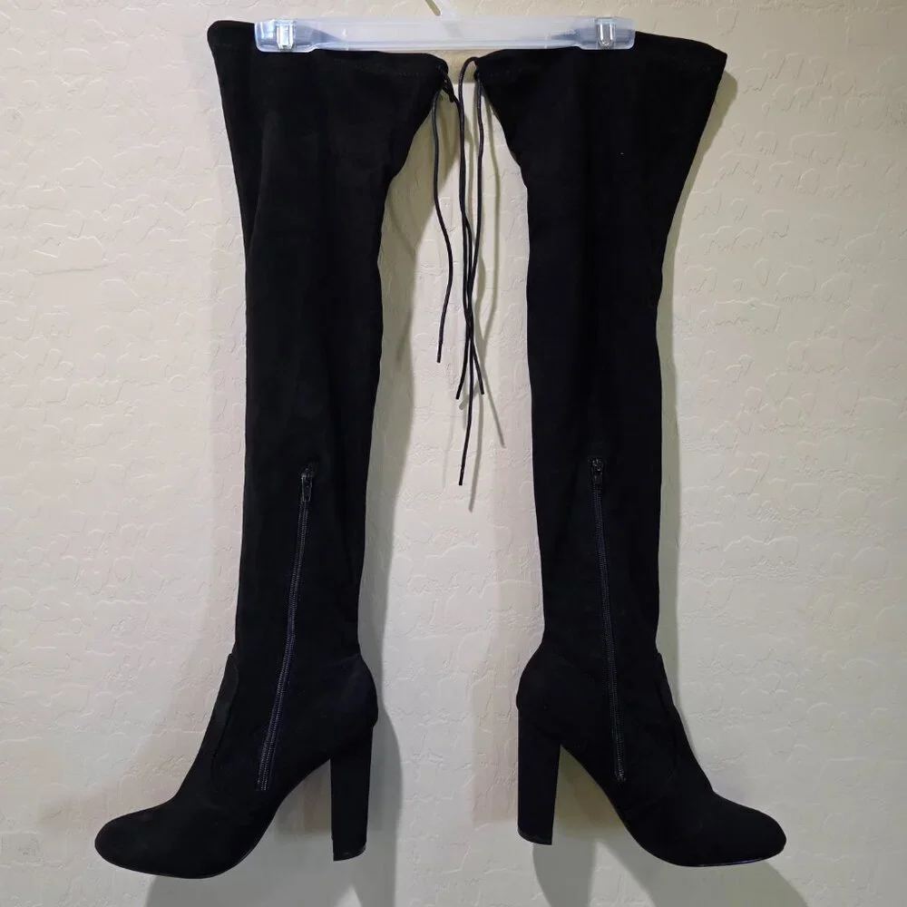 NWOT Black Faux Suede Over the Knee Thigh High Heeled Winter Goth Boots Boot 39