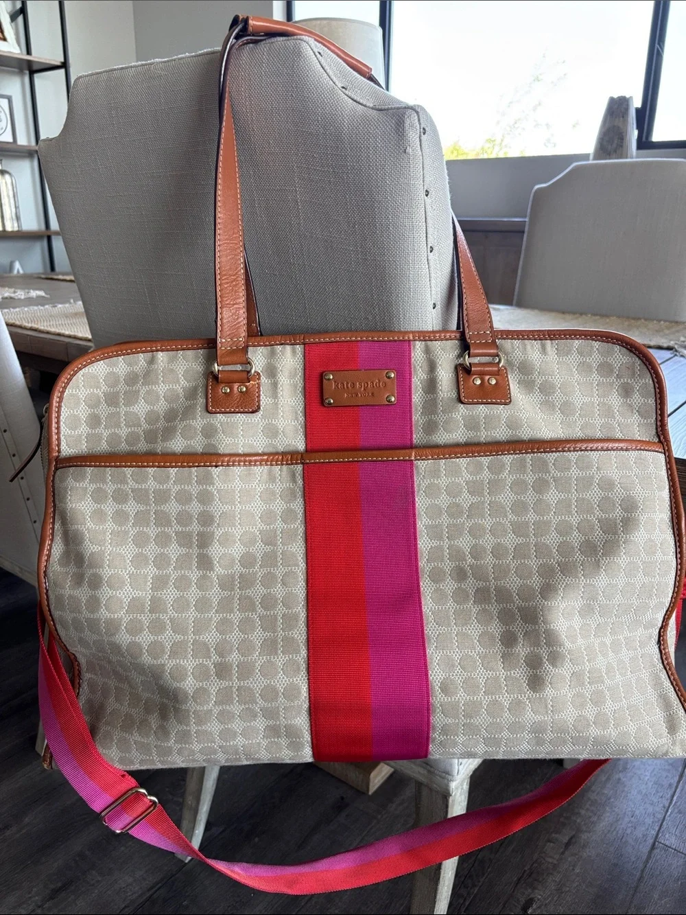 kate spade Beige Monogram Travel Tote with Pink and Red Stripe