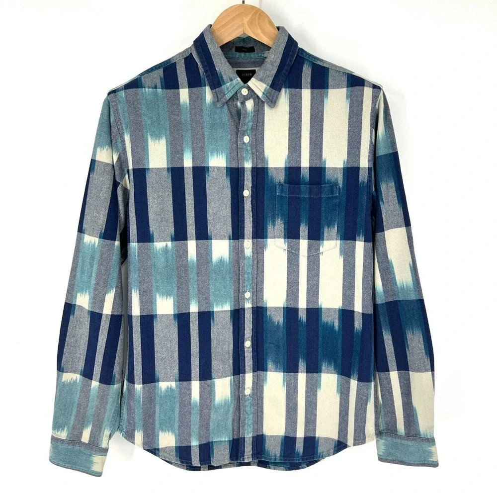 J.Crew Slim Button Down Dress Shirt Mens Size M Cotton Aztec Blue Flannel Pocket