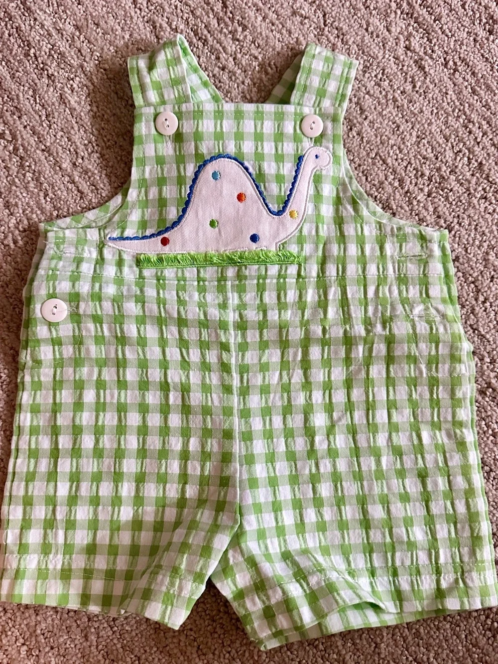 Florence Eiseman Green and White Gingham Dino Appliqué One-Piece