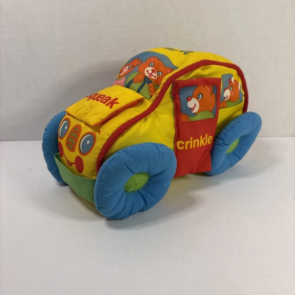 Vintage Playskool Soft Plush Car Toy Squeak Crinkle Rattle Peek-a-Boo Yellow