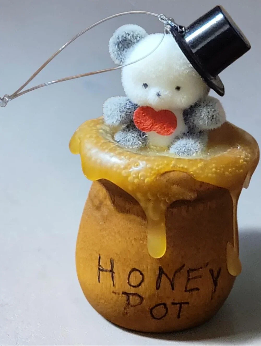 Vtg 80s Russ Berrie Flocked Teddy Bear Honey Pot Hanging Christmas Tree Ornament
