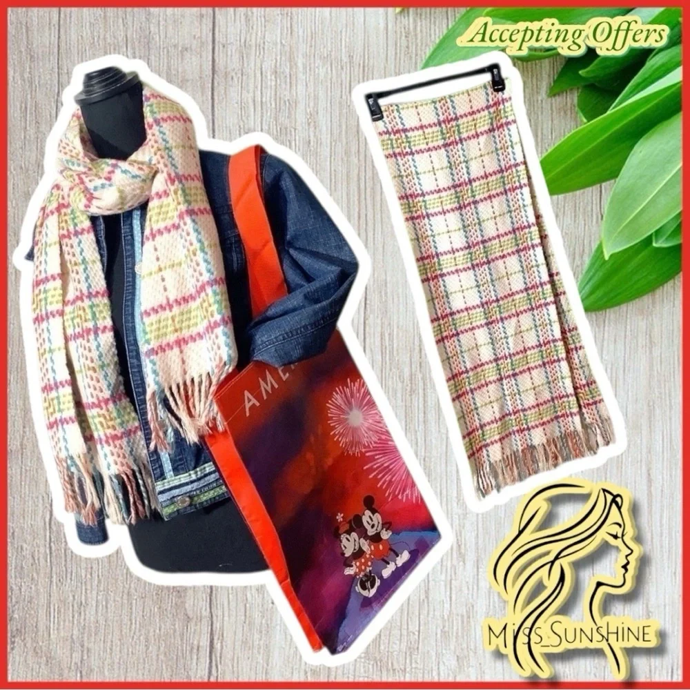 Soft multicolor scarf -traditional style - fringe ends - pink green red - checks