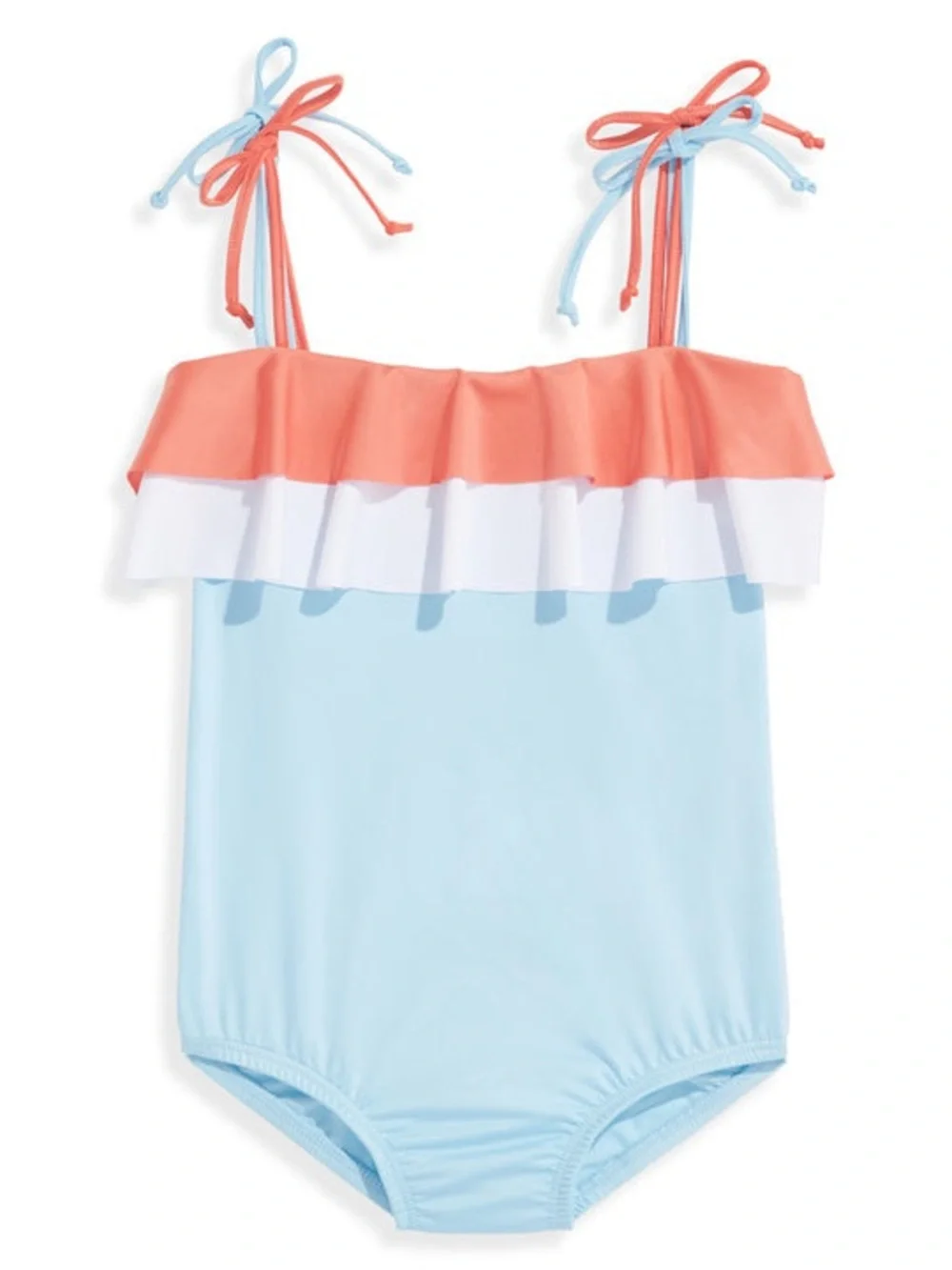 Bella Bliss Newport Light Blue One-Piece Swimsuit with Coral & White Ruffle