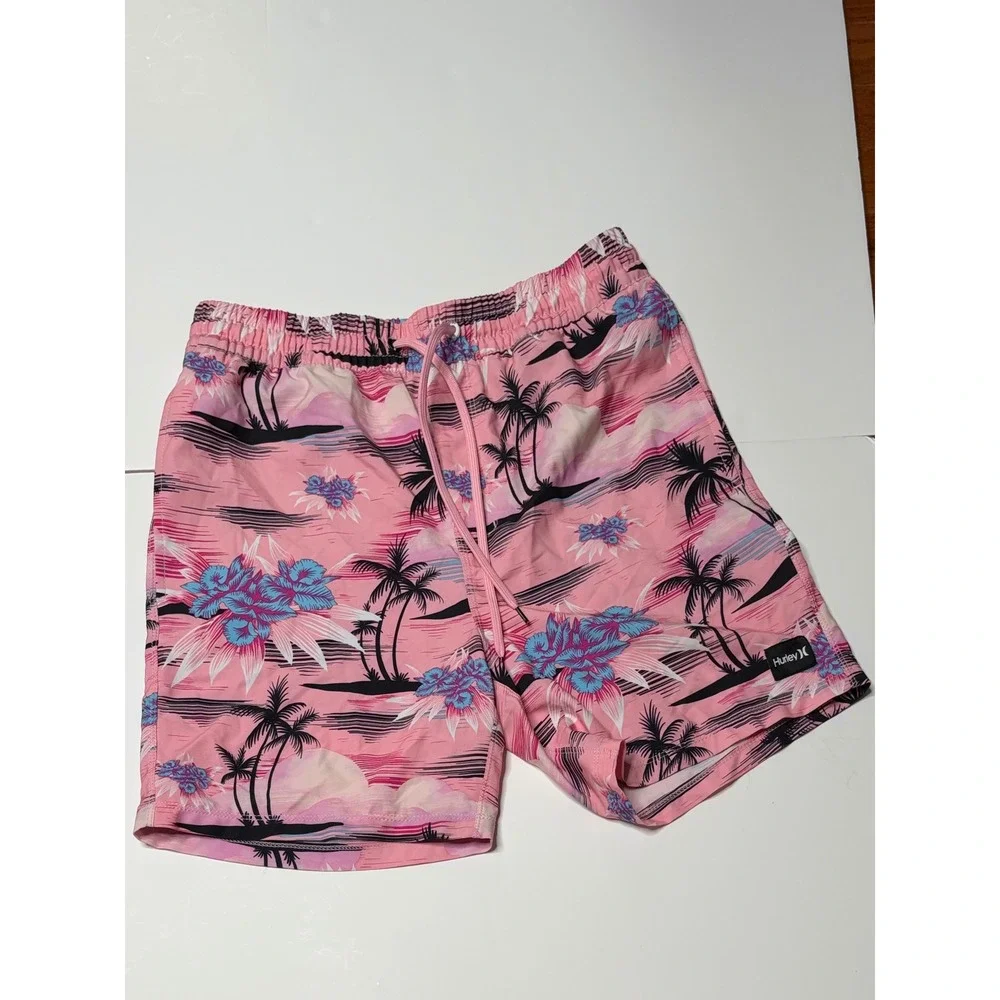 Hurley Mens Pink Tropical Palm Tree Floral Swim Trunks Board Shorts Small