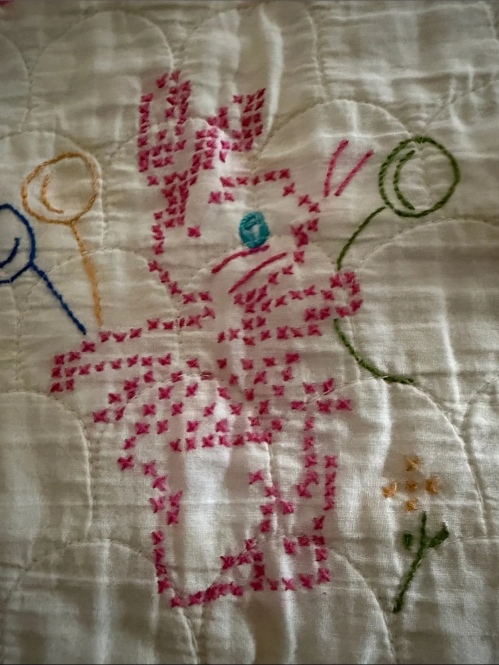 Embroidered  handmade baby quilt charming pink