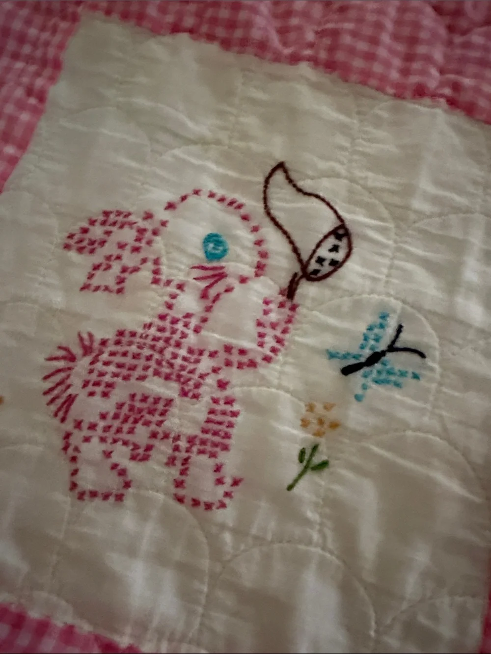Embroidered  handmade baby quilt charming pink