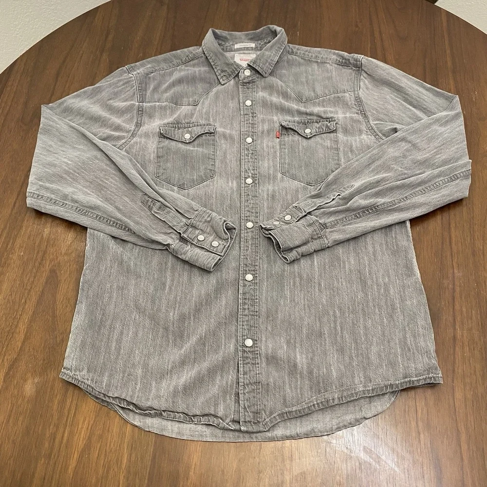 Levis Sawtooth Pearl Snap Shirt Medium Gray Button Up Casual Workwear