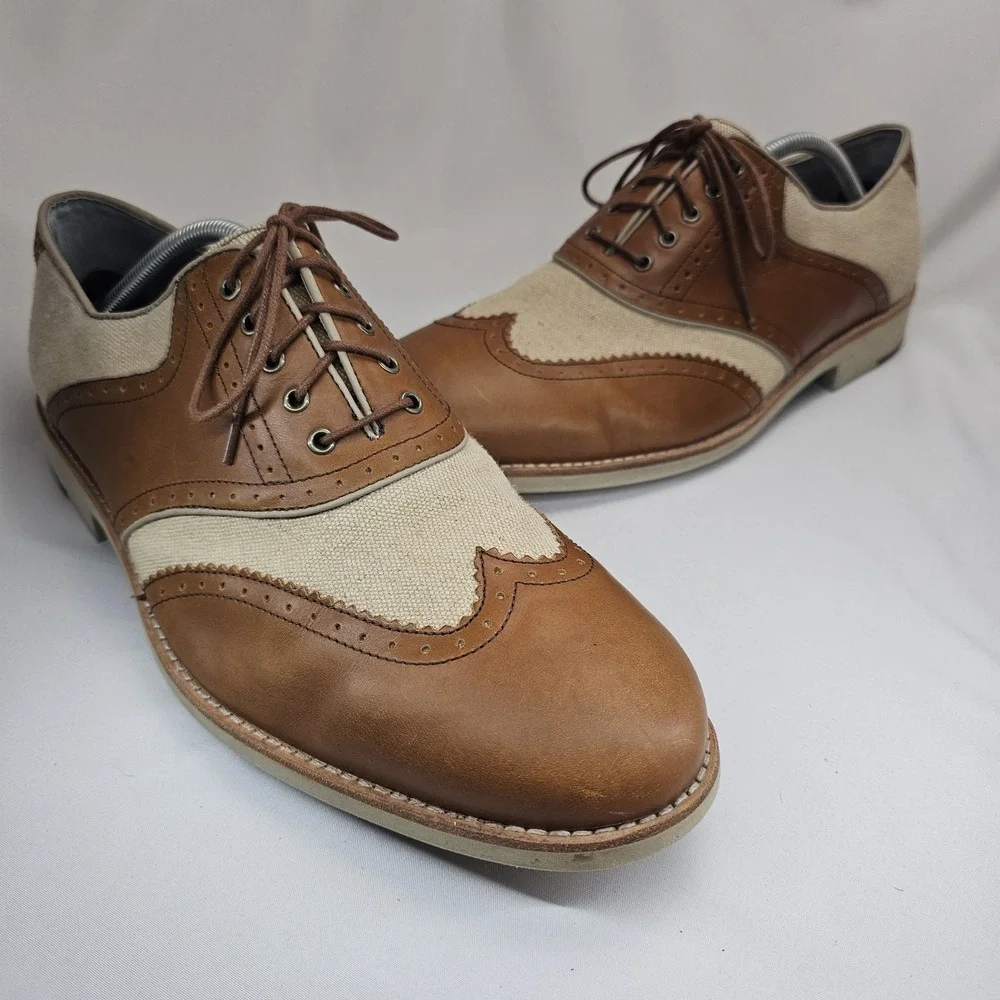 Johnston & Murphy Brown Leather Canvas Wingtip Oxford Shoes Men's 13M Sheepskin
