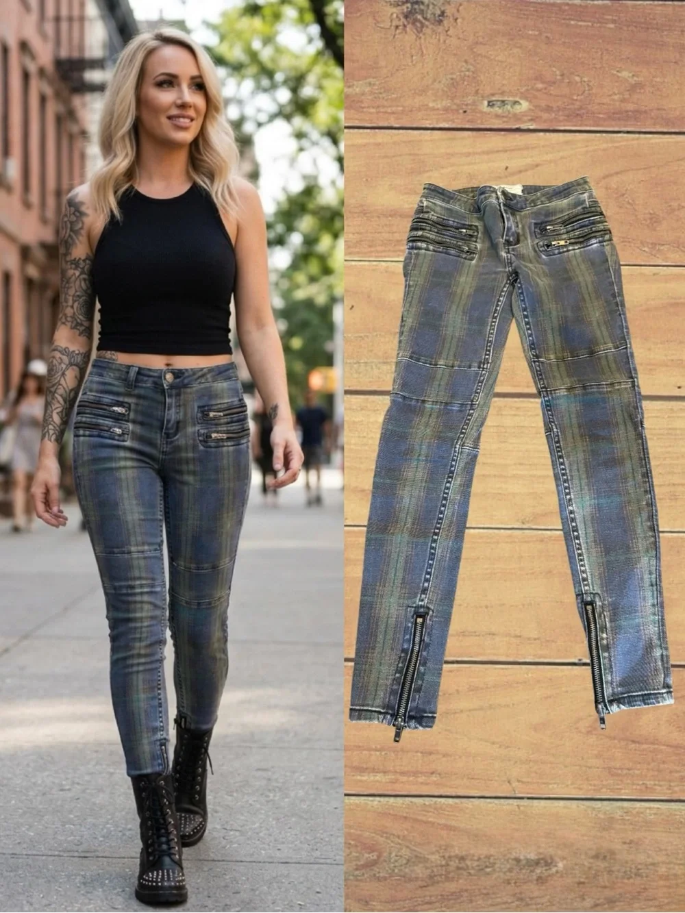 Free People Women's Lennon Tartan Plaid  Ankle  Zip Moto Jeans Size 24