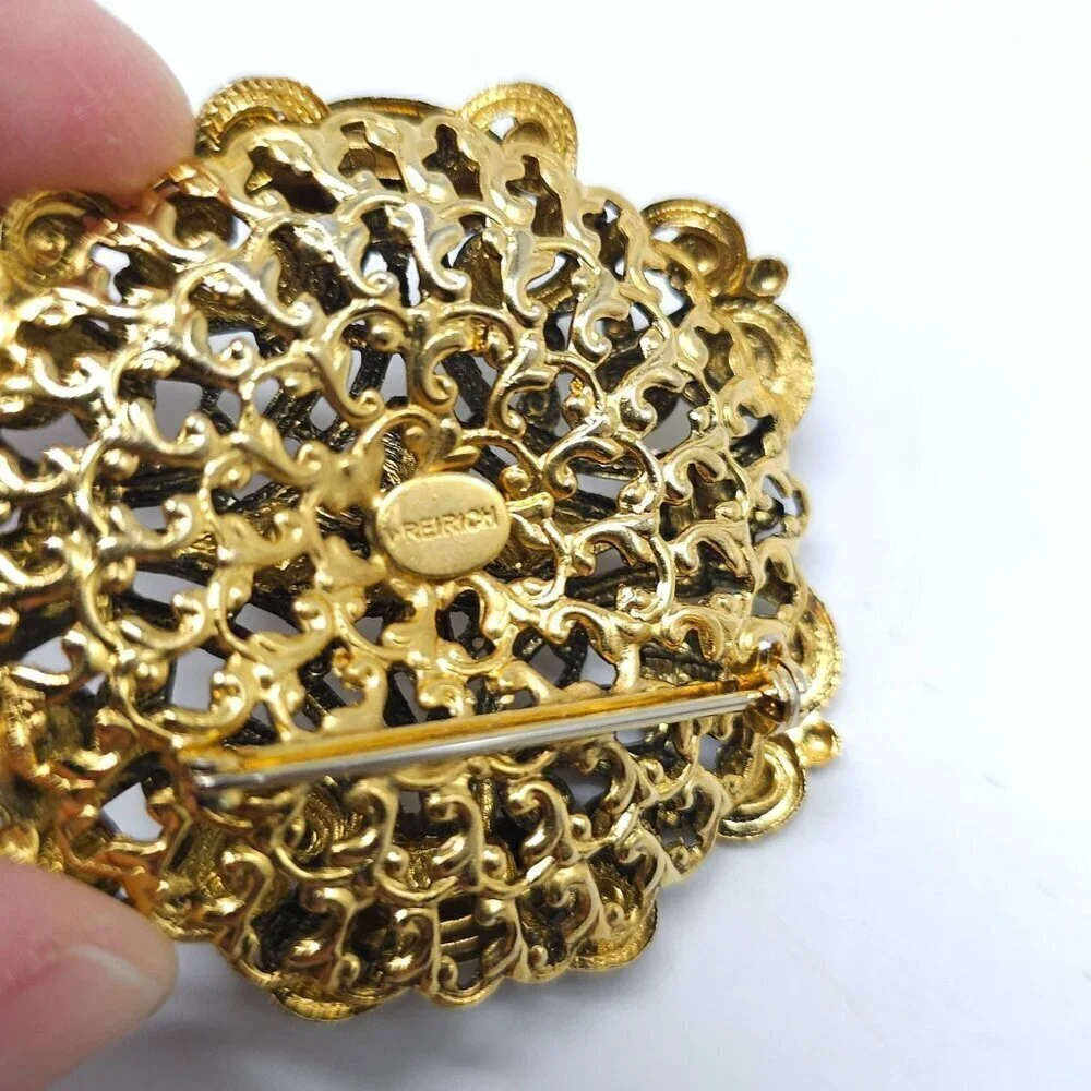 Vintage Freirich Gold Filigree Brooch Pin Victorian Style