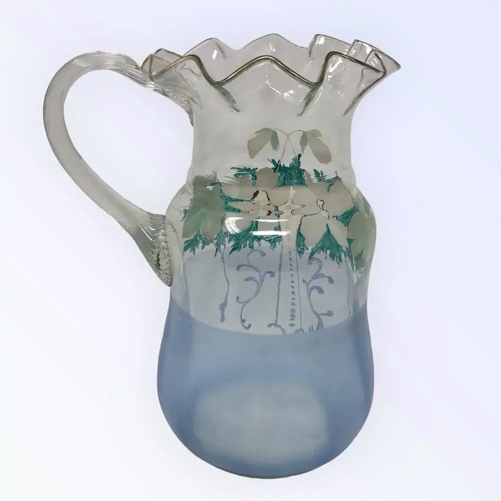 Victorian Hand Painted Pitcher Enameled  Blue Art Glass Floral Pitcher