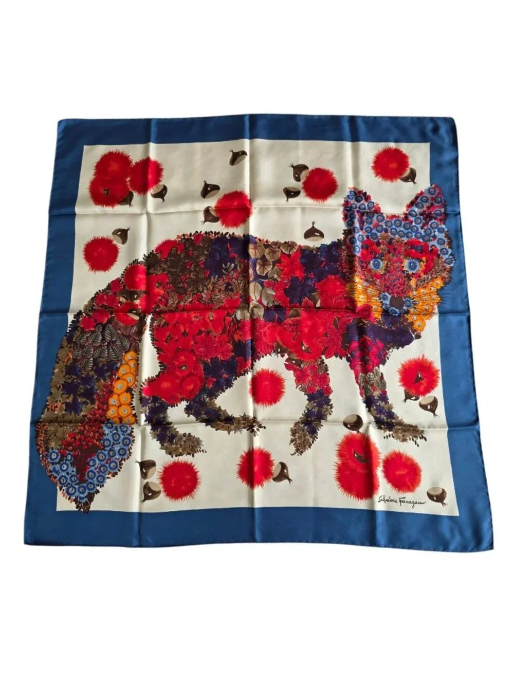 Vtg Salvatore Ferragamo Fox Silk Floral Print Hand Rolled Scarf