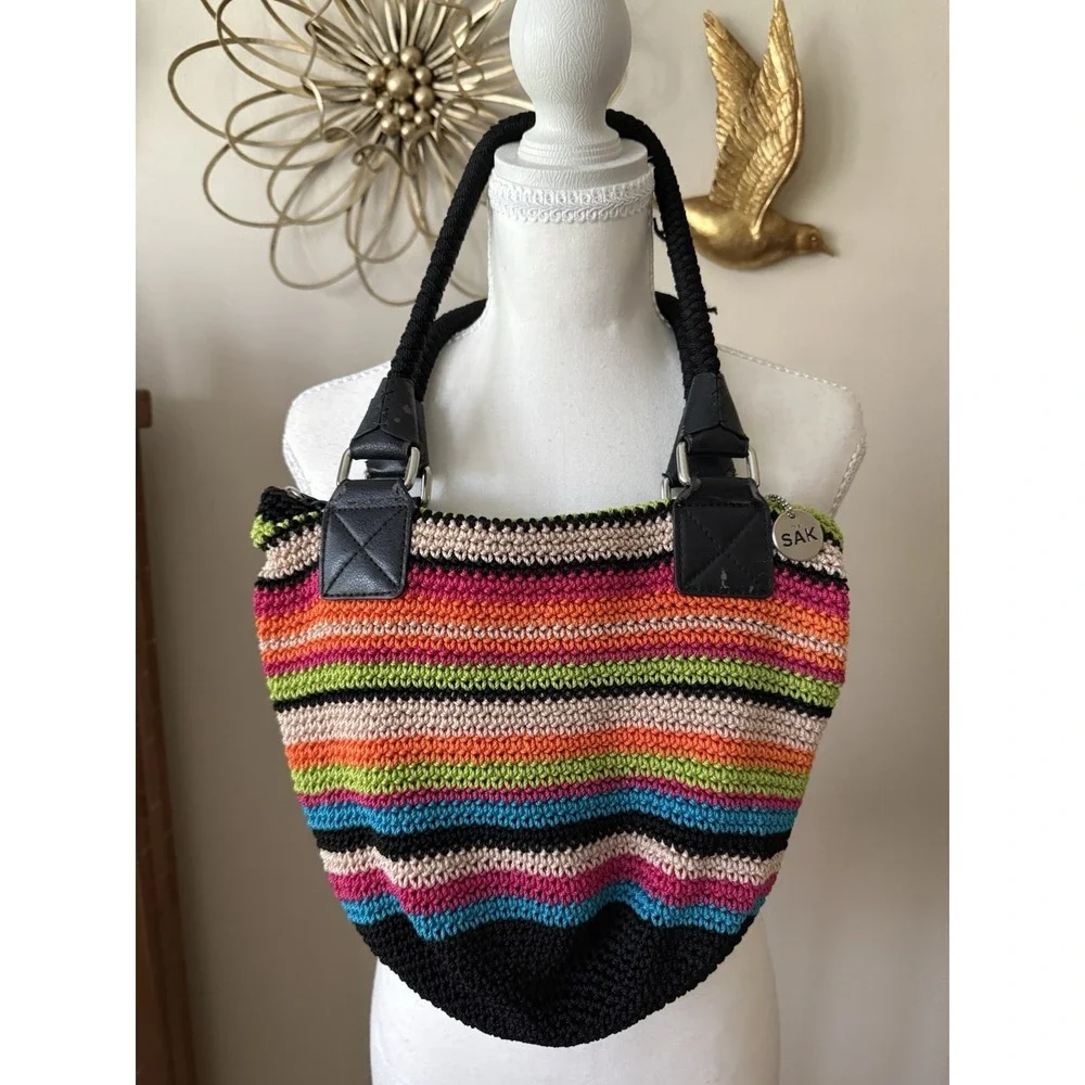 The Sak Multicolor Crochet Knit Hobo Shoulder Bag Boho Striped Handbag