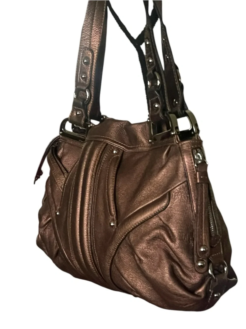 B.MAKOWSKY Monaco Hobo/Satchel metallic bronze pebbled leather handbag.