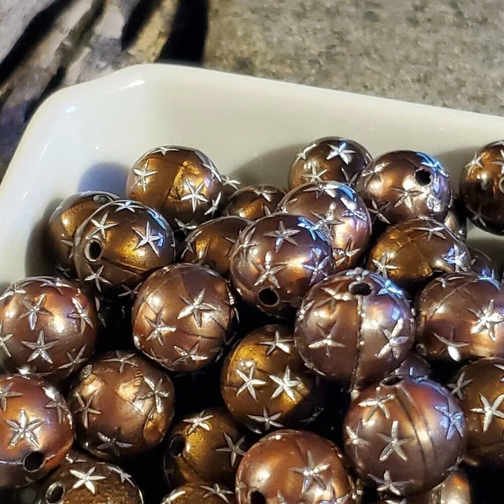 10 Vintage Retro Brown Silver Stars 12mm Round Acrylic Shabby Chic Beads