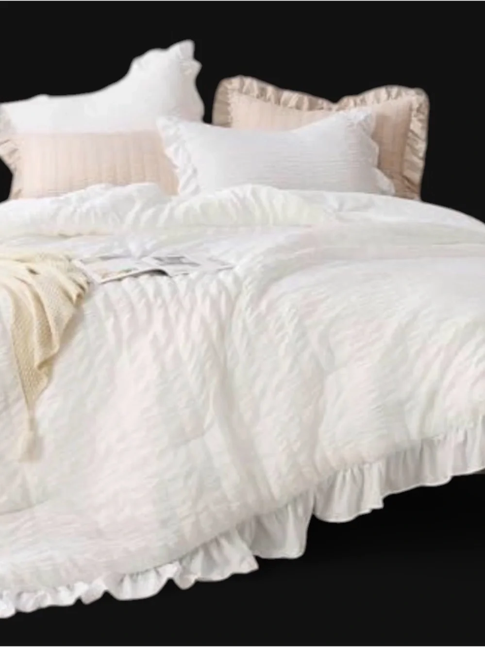 Classic Ruffled White Bedding Set with Neutral Accent Pillows