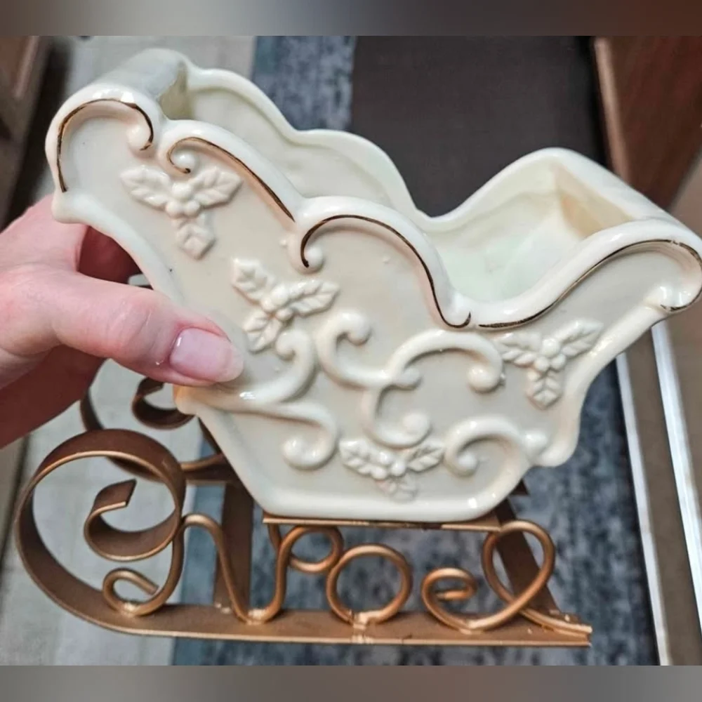 Heavy White Porcelain Christmas Sleigh Spells Noel at Bottom