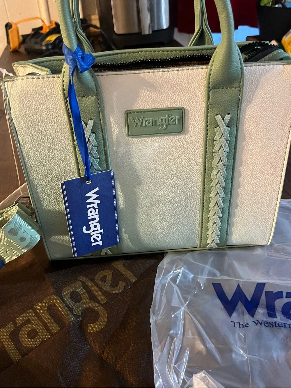 Wrangler Cream and Sage Braided-Trim Satchel with Removable Strap