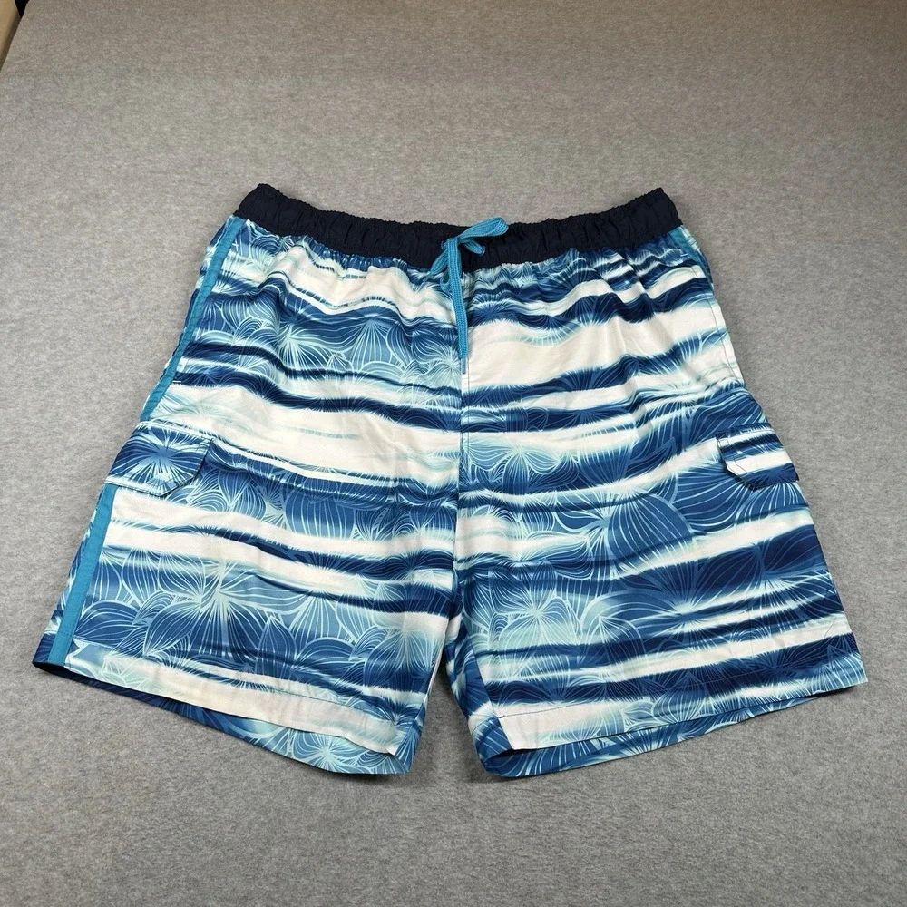 Hawaiian Authentics Swim Trunks Mens L ‎ Blue White Stripe Floral Lined