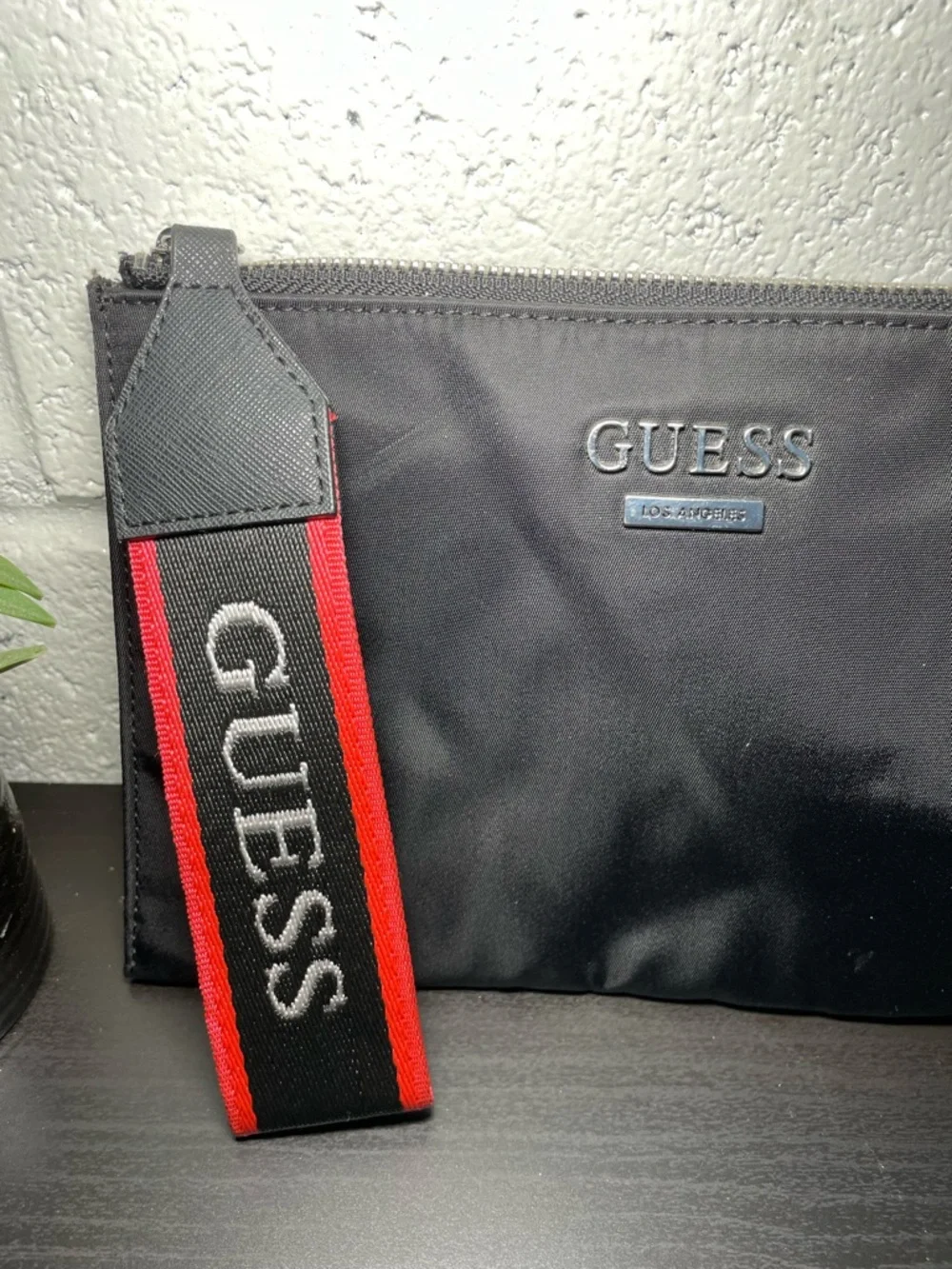 GUESS Black Nylon Wrist Pouch with Red Logo Strap‎