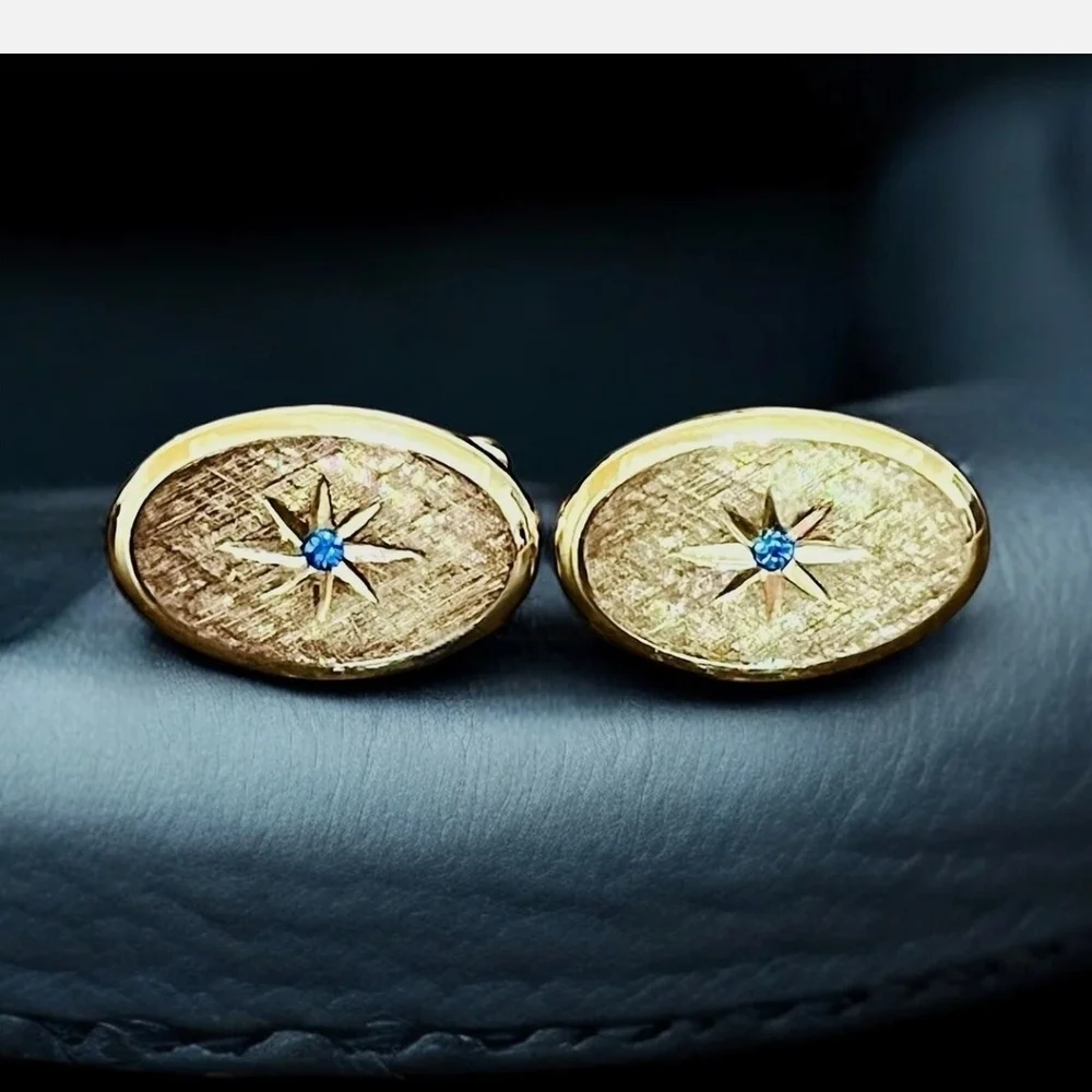 Mens Vintage  Gold Tone Starburst Cufflinks with Blue Rhinestones