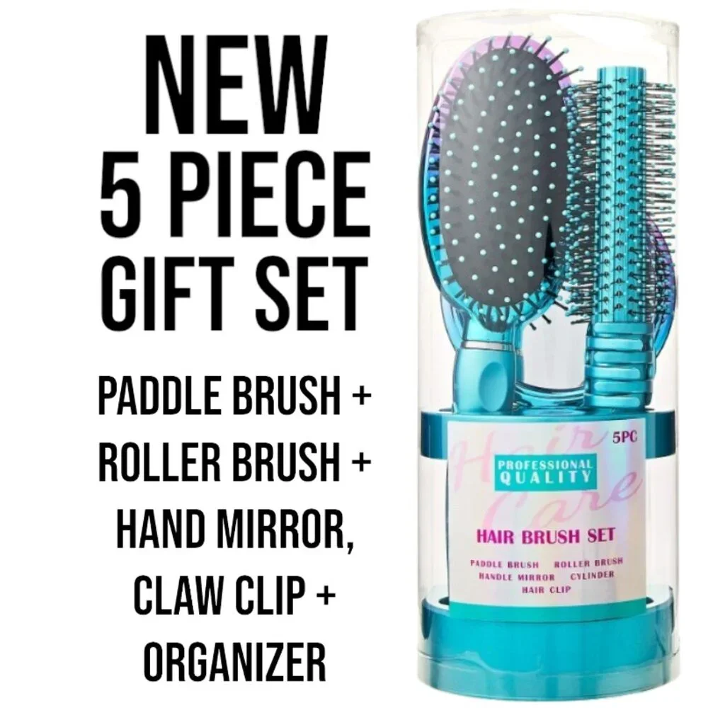 NEW SET OF 2 Bundle 5-Piece Hairbrush Brush Set Hand Mirror Beauty Brush