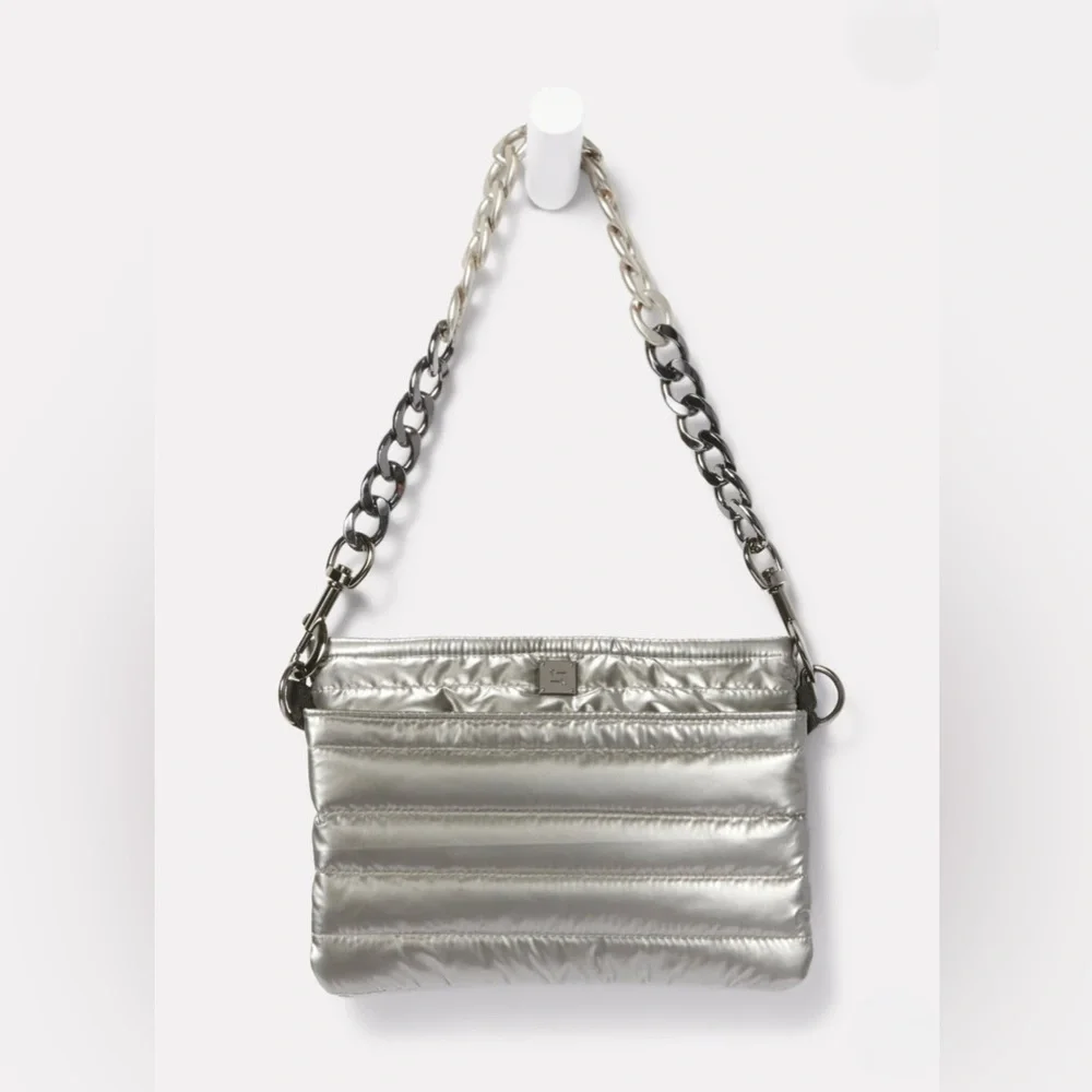 quilted silver puffy purse  - think royln downtown crossbody metallic hand bag