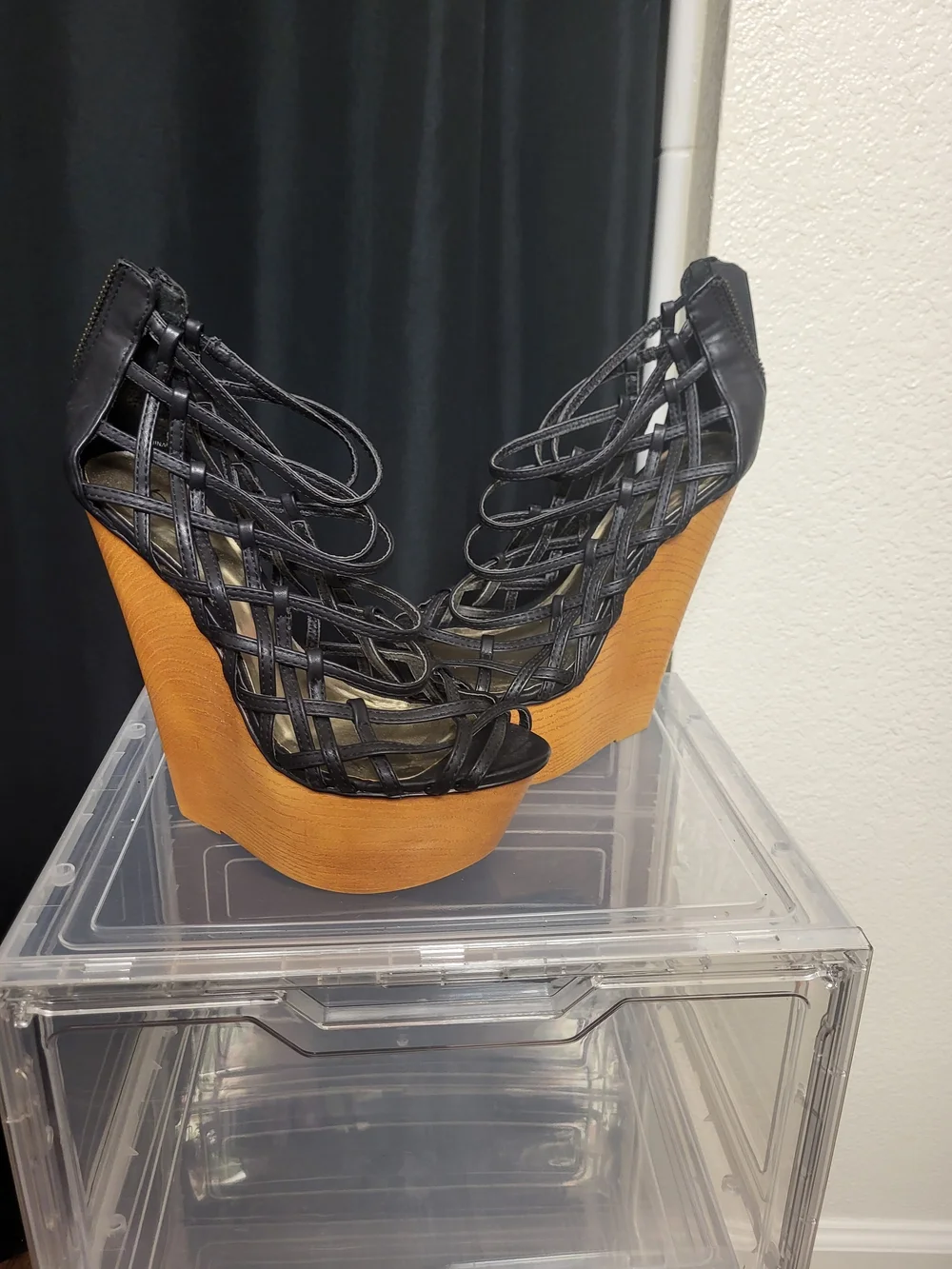 Black Strappy Wedge Sandals with Tan Wood-Effect Platform