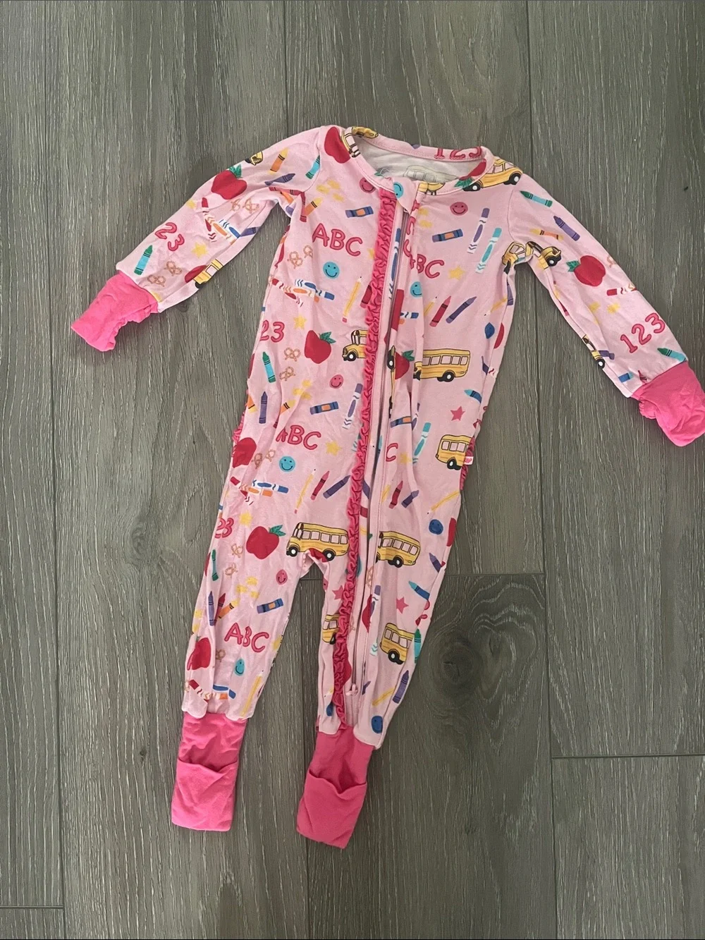 RuffleButts Pink School convertible ruffle one-piece pajama size 0-3 months