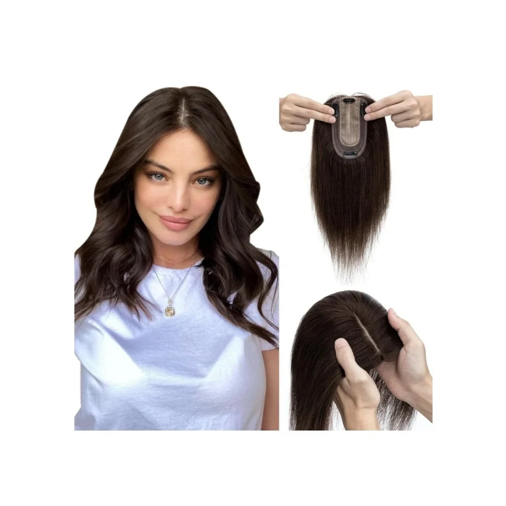 Real Human Hair Topper Women 6in Dark Brown Silk Base Clip In Hairpiece Brunette