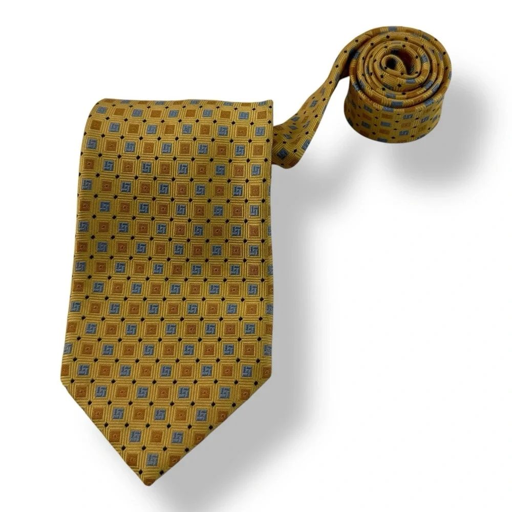 Brooks Brothers Silk Tie Yellow‎ Blue Square Design 3.5