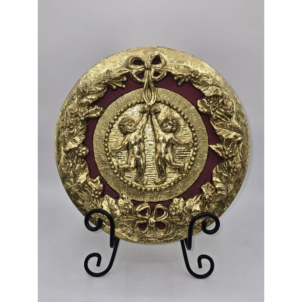 Vintage Cherub Wall Art Gold Gilt Plastic Florentine‎ Style Relief Plaque Decor