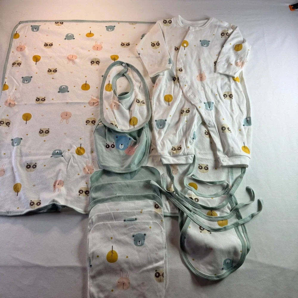 Zibo Good Doll Baby Set Size 73‎ 9pc Romper Blanket Bibs Animal Print Outfit Top