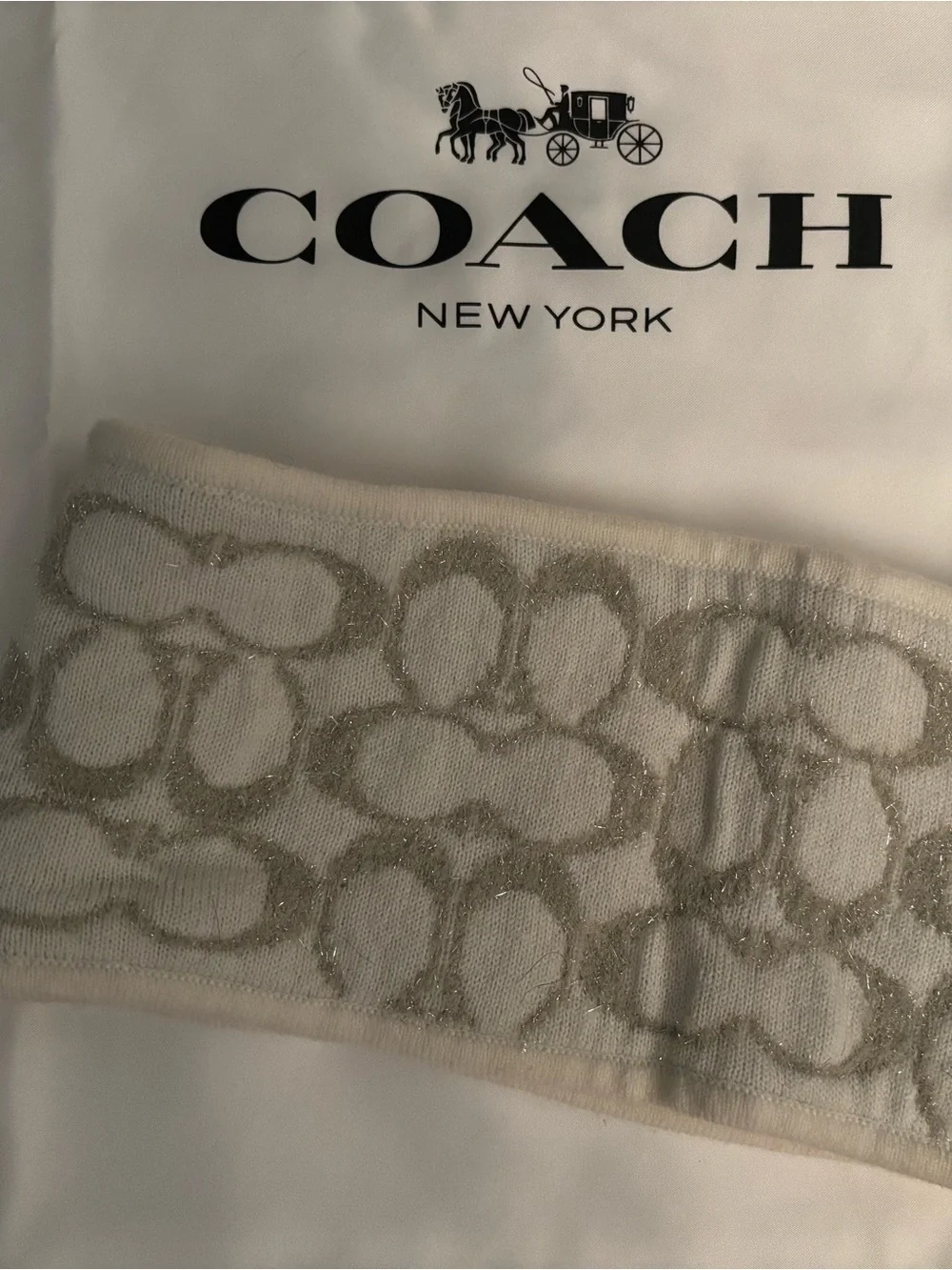 Coach Sparkle Signature Knit Headband in Cream and Silver