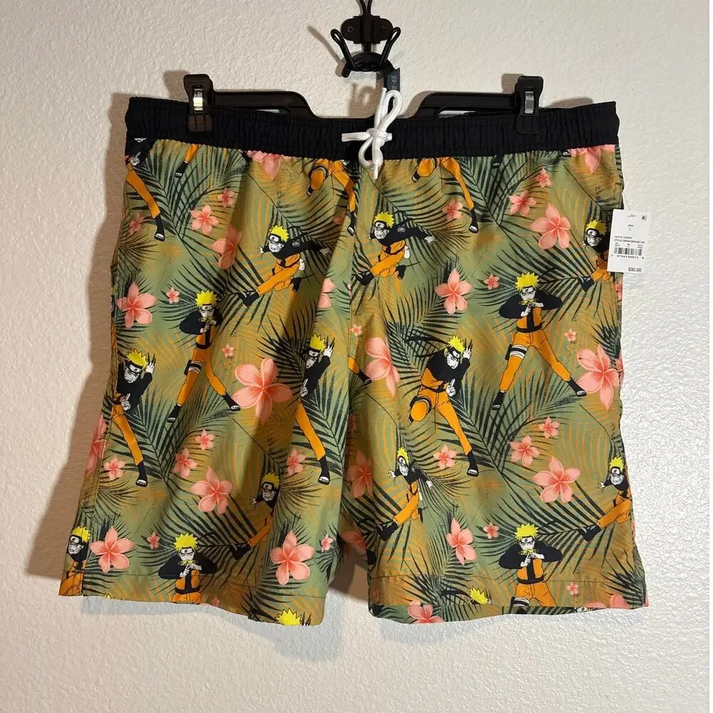 Naruto NWT Men's Size Large Hawaiian Print Anime Graphic Drawstring Swim Trunks
