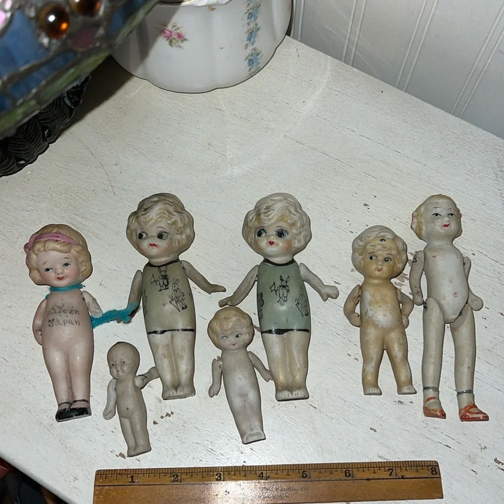 Lot Antique bisque jointed & strung Japan dolls miniature