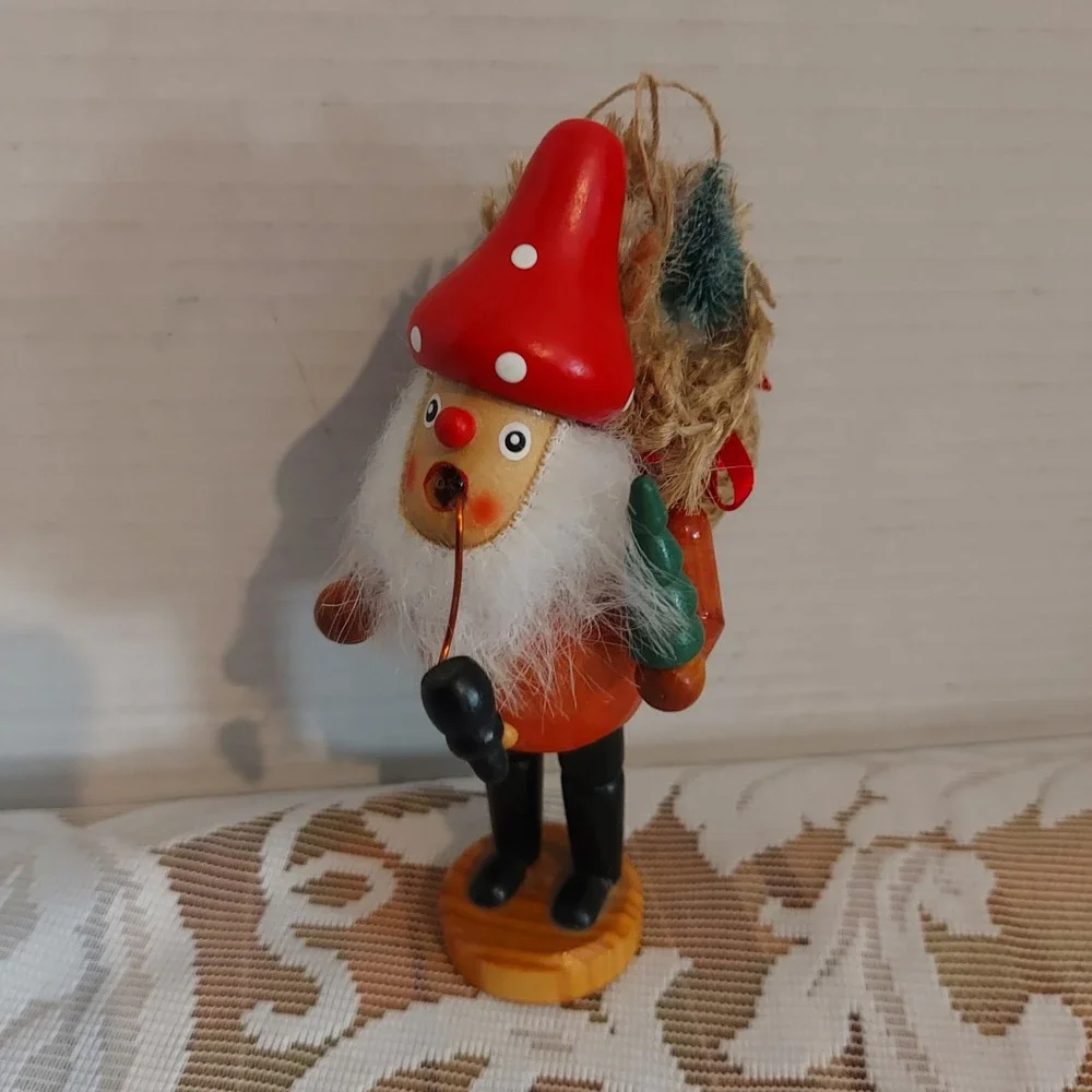 Vintage Wooden Incense Smoker Gnome Santa Figurine Red Mushroom Hat 6