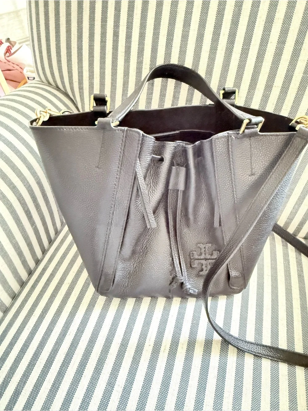 Tory Burch Black Pebbled Leather Drawstring Bucket Shoulder Bag