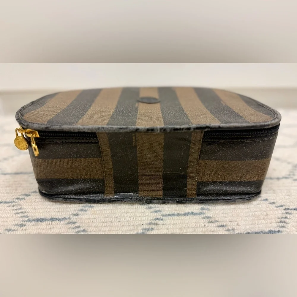 FENDI Vintage Pequin Stripe Brown Black Coated Canvas Vanity Case Cosmetic Bag
