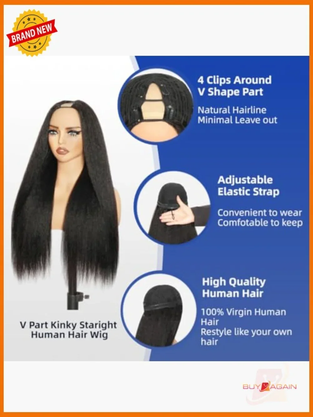 V Part Wig Human Hair Kinky Straight 250% Density Glueless Clip In Drawstring