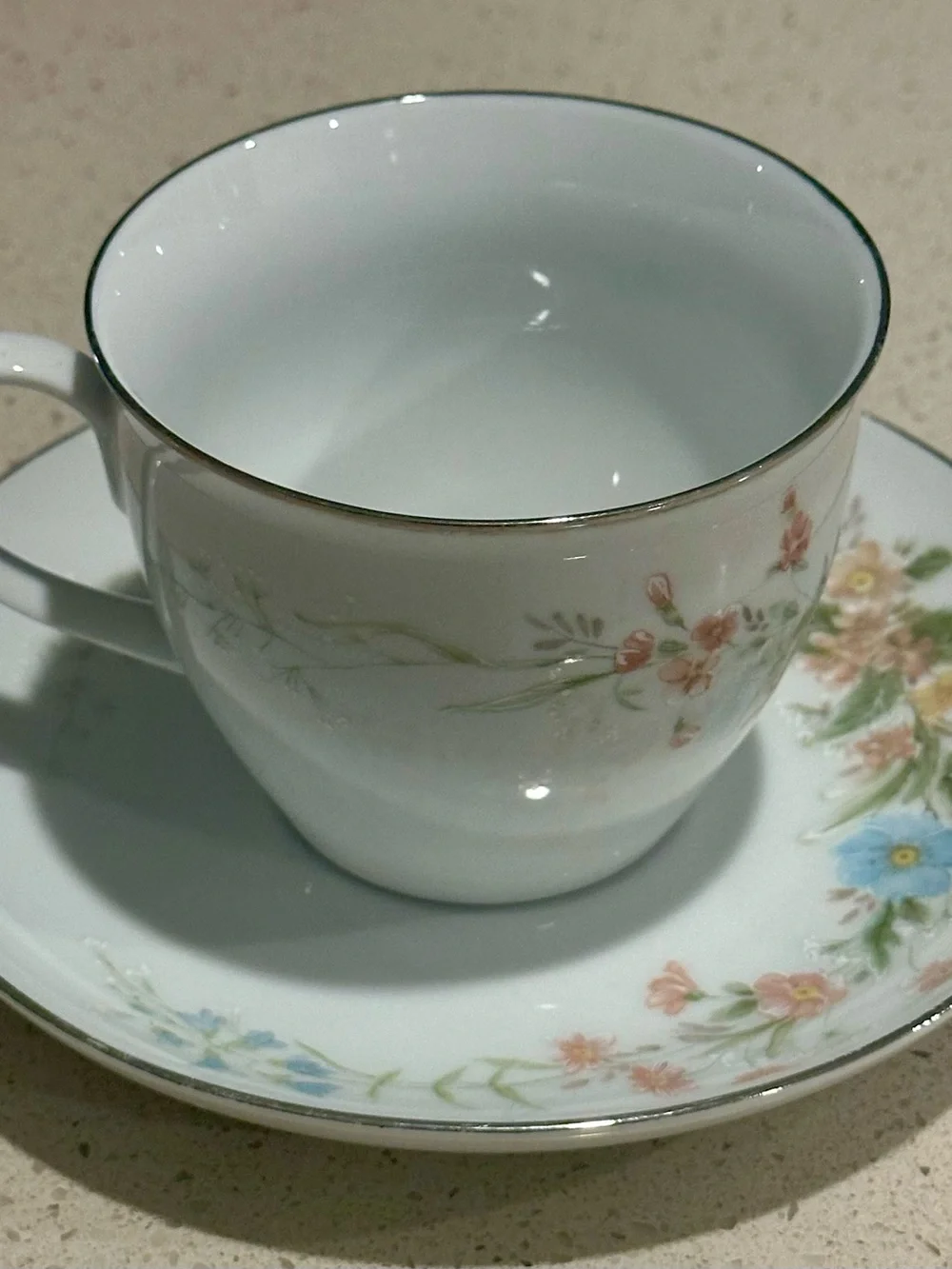 White Porcelain Teacup and Saucer with Pastel Floral Design and Gold Trim