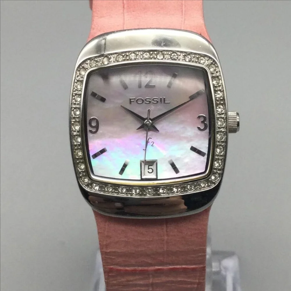 Fossil F2 Womens Watch 25mm Pink MOP Dial Leather Silver Tone Date New Battery