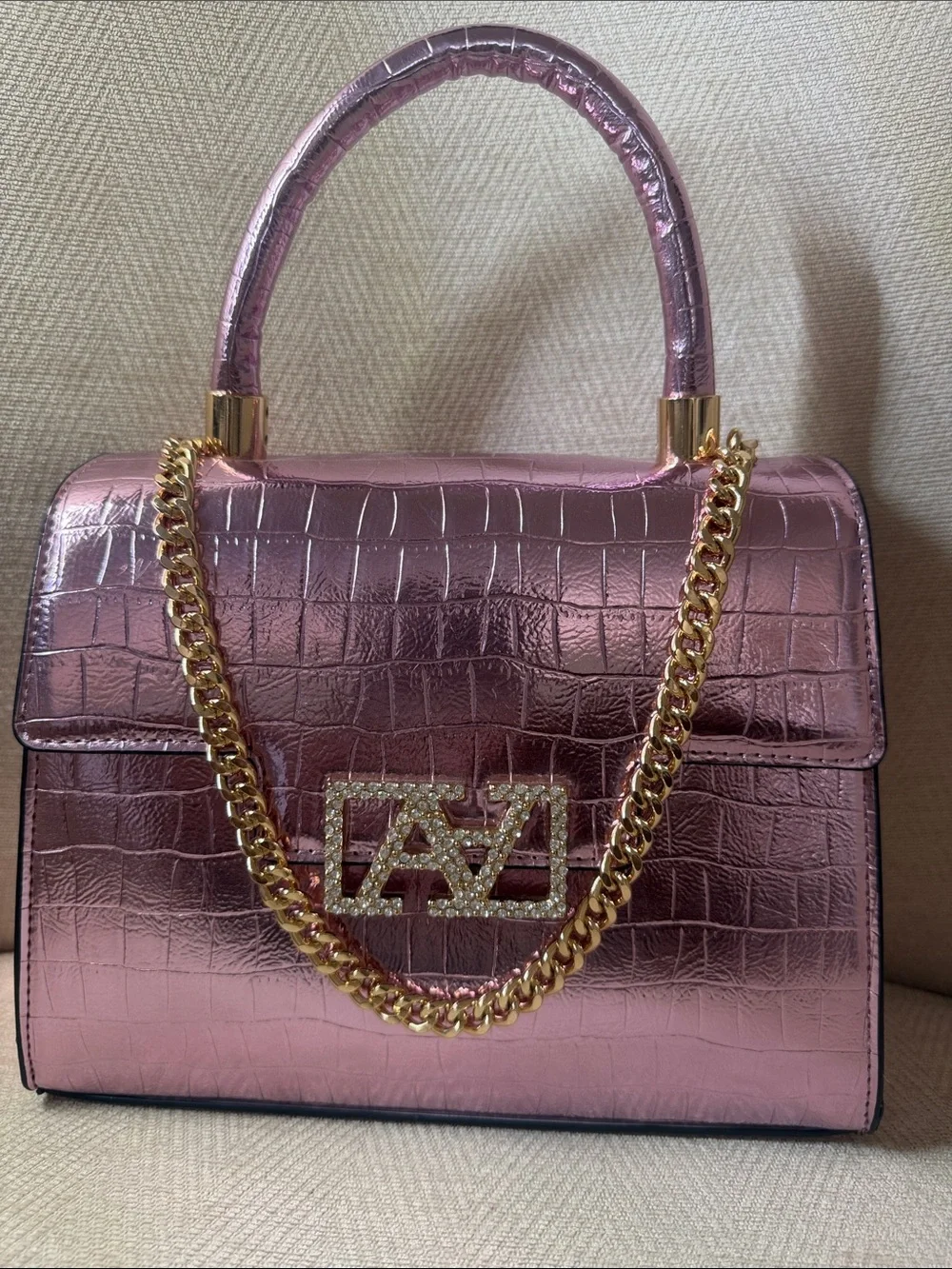 Source Unknown Metallic Pink Croc-Embossed Top Handle Satchel with Gold Chain