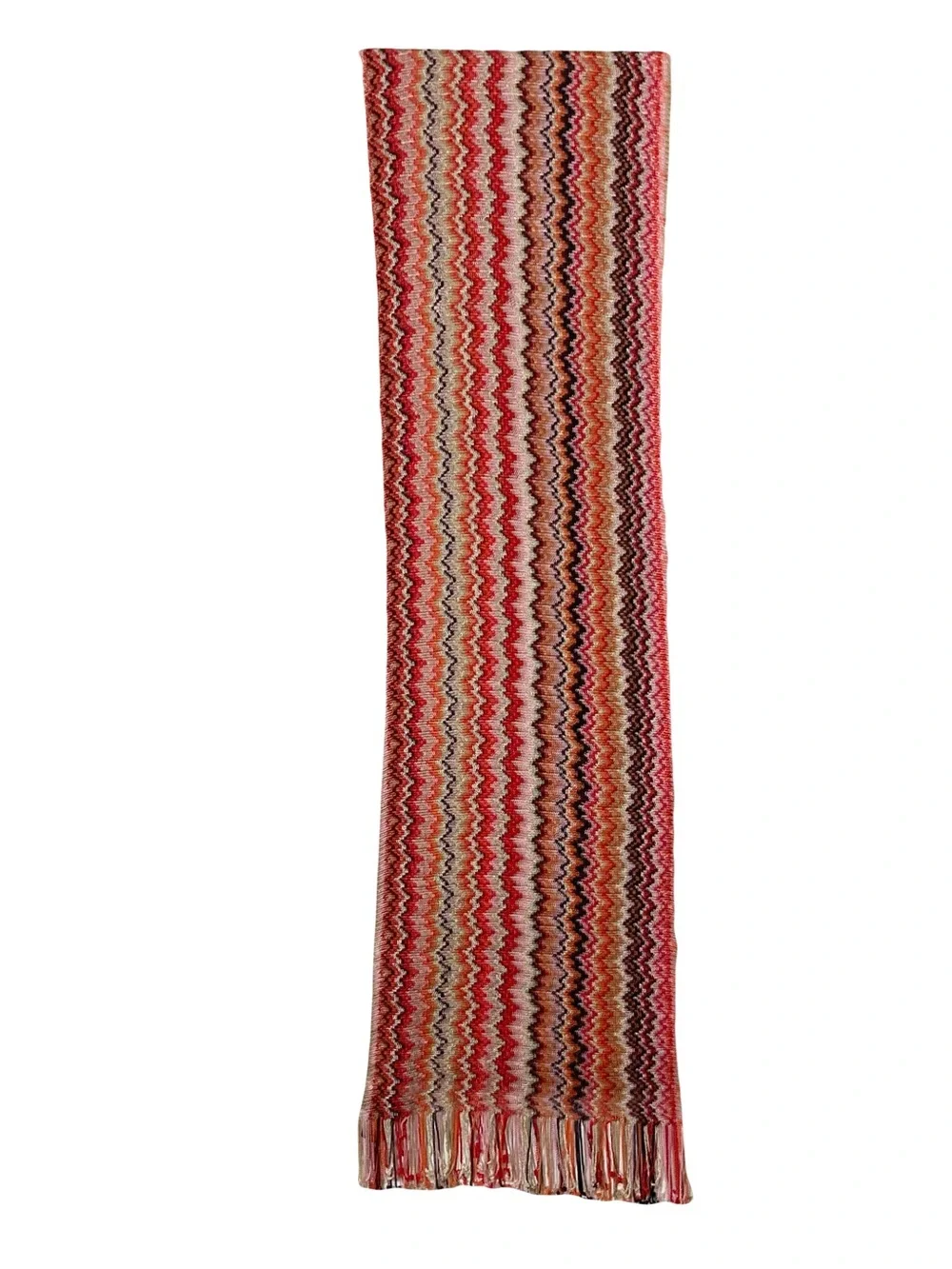 MISSONI Scarf 12.5”x76”ITALY Chevron ZigZag Silver-Lyrics Fringe Knit Multicolor