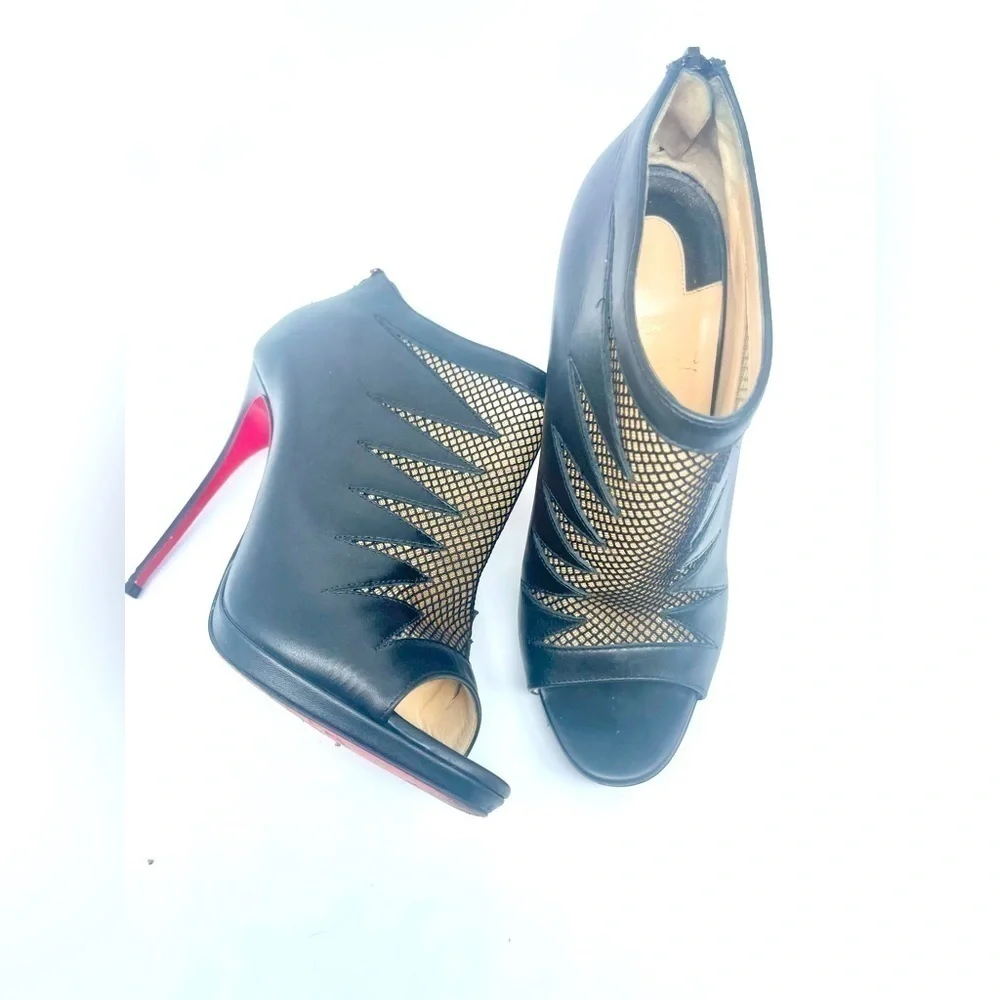 Christian Louboutin Black leather & Mesh peep toe Disorder booties 120mm EU 38