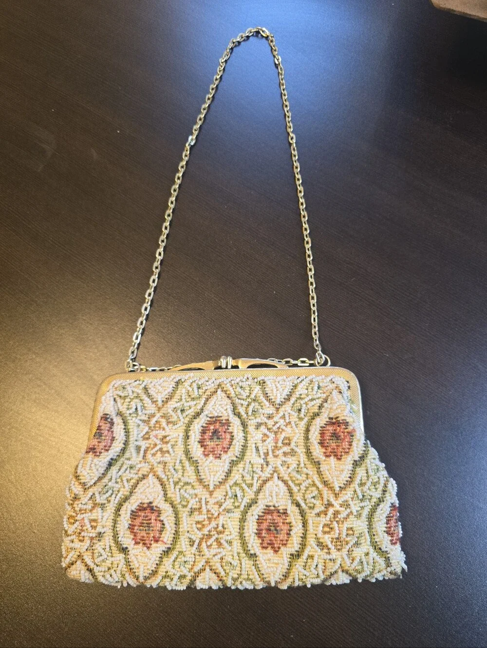 Vintage Clutch Shoulder Purse Bag Made In Hong Kong Tan Burgundy Beaded