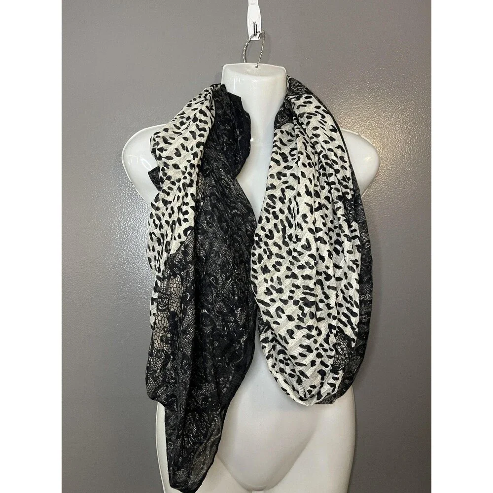 Animal Print Lace Scarf Womens 33x70 Black White Leopard Wrap Shawl Lightweight